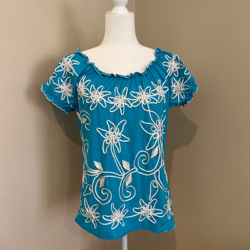 Vintage Lauren Michelle Blue Floral Embroidered Short Sleeve Top Blouse